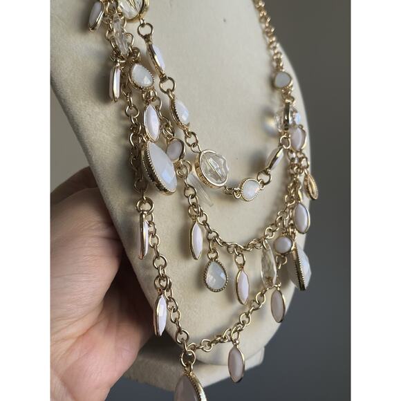 Multi Strand Beaded Long Necklace Clear Acrylic White And Gold Tone 20-26 Inch - Picture 2 of 6